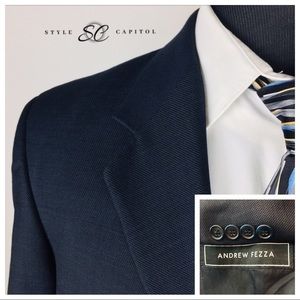Andrew Fezza Mens 42L Navy Blue Blazer Wool Silk